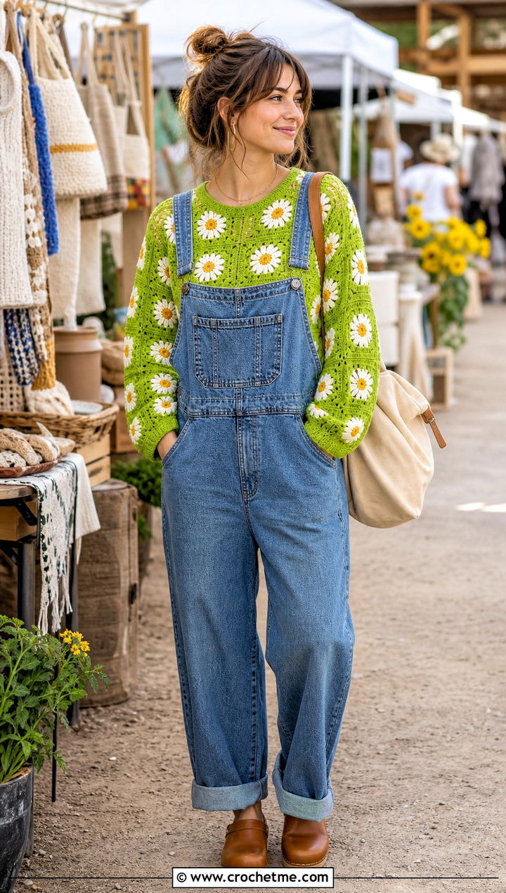 Debut Daisy Granny Square Sweater With Denim Overalls - 25 taylor swift crochet sweater outfit ideas