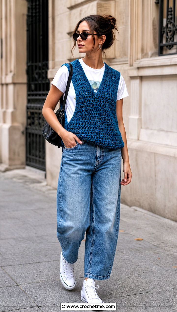Deep Armhole Chunky Crochet Vest With Barrel Jeans - 30 crochet chunky vest outfit ideas