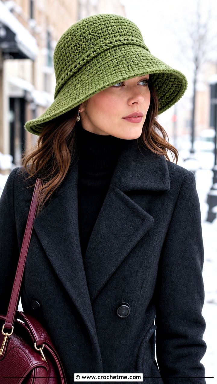 Deep Brim Crochet Flapper Hat With Long Wool Coat - 30 crochet flapper hat outfit ideas