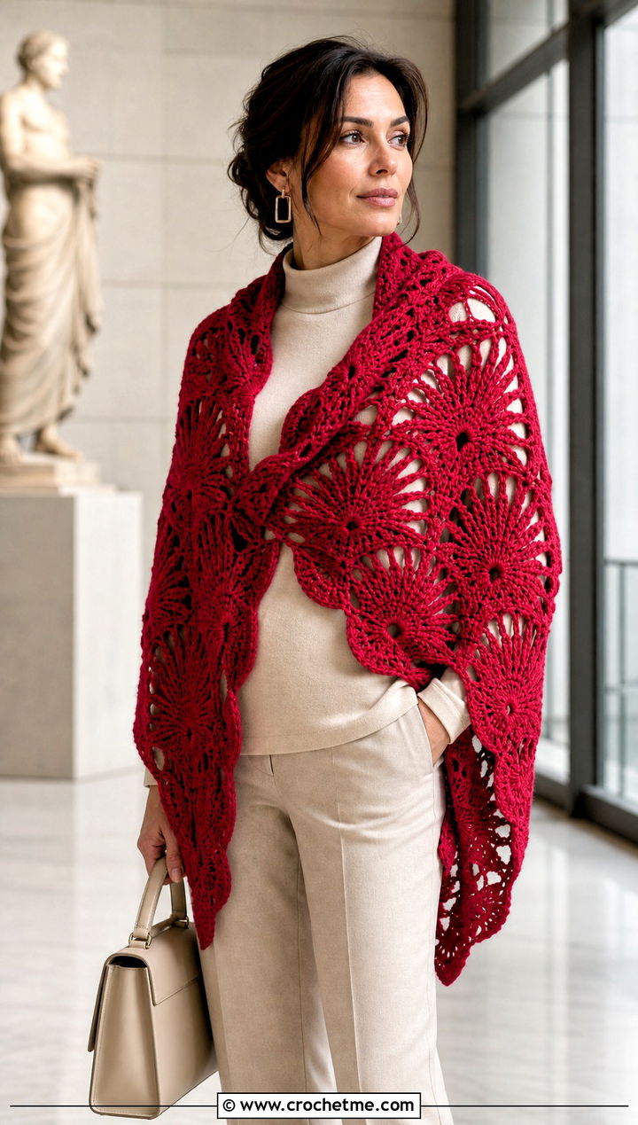 Deep Fan Virus Shawl With Monochrome Outfit - 35 crochet virus shawl outfit ideas