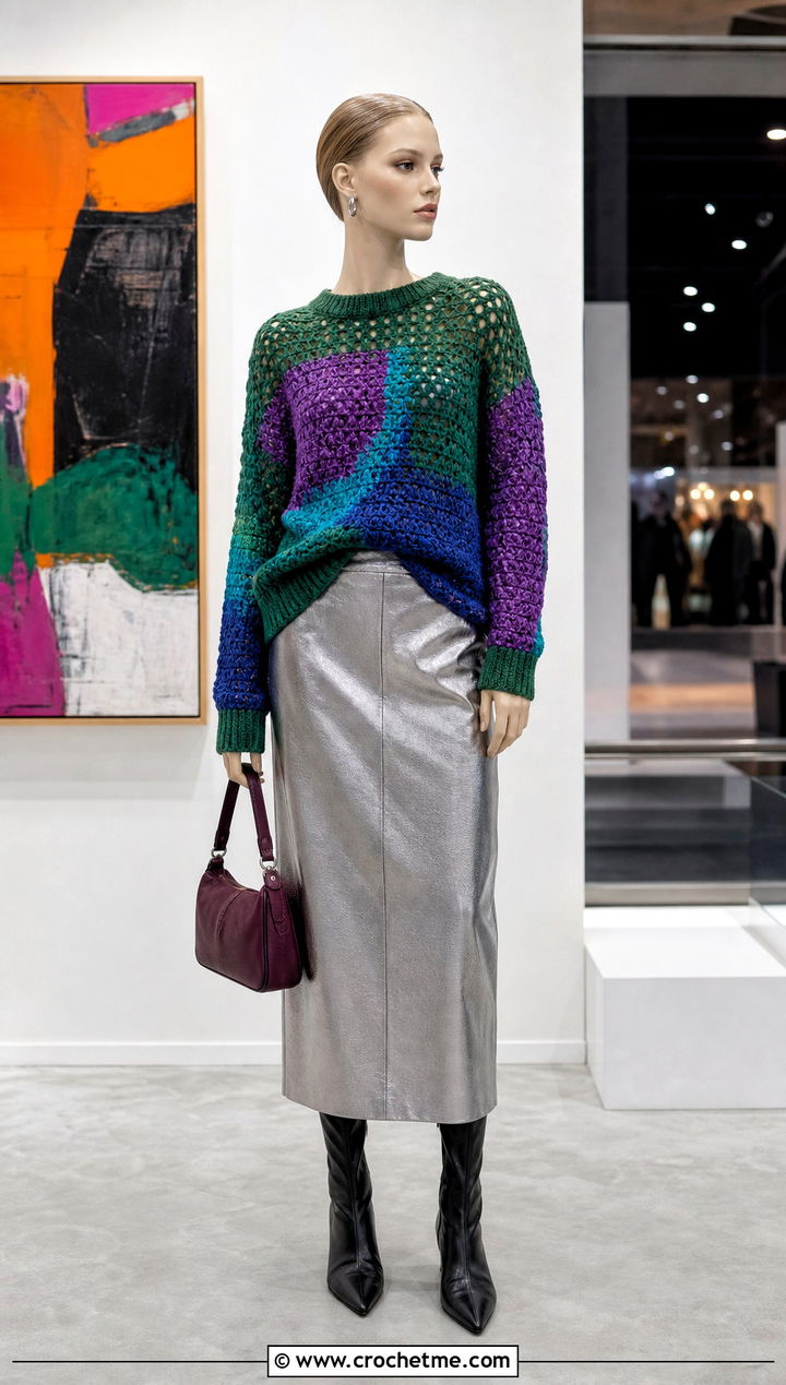 Deep Green Color Block Crochet Sweater With Silver Skirt - 15 Green Crochet Sweater On Mannequin outfit ideas
