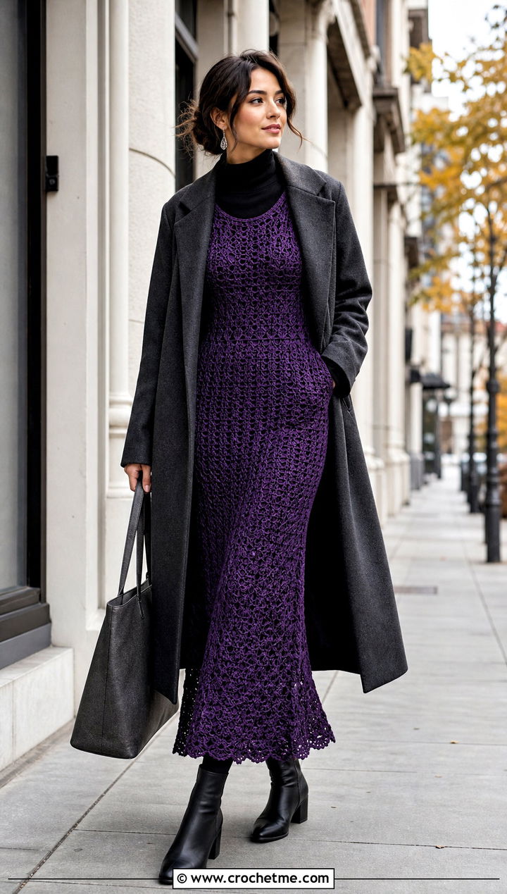 Deep Purple Long Sleeve Crochet Dress With Ankle Boots - 35 purple crochet dress outfit ideas