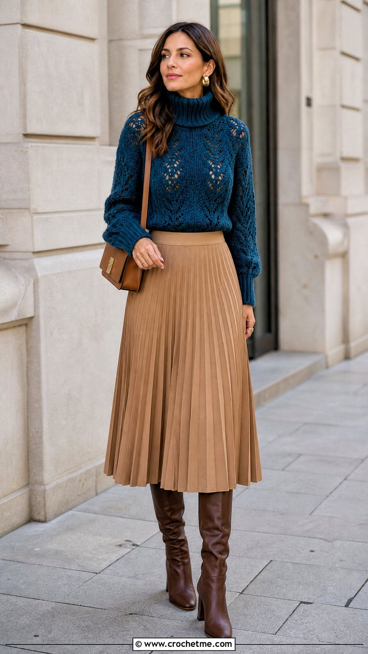 Deep Teal Blue Turtleneck Crochet Sweater With Pleated Skirt - 35 blue crochet sweater outfit ideas