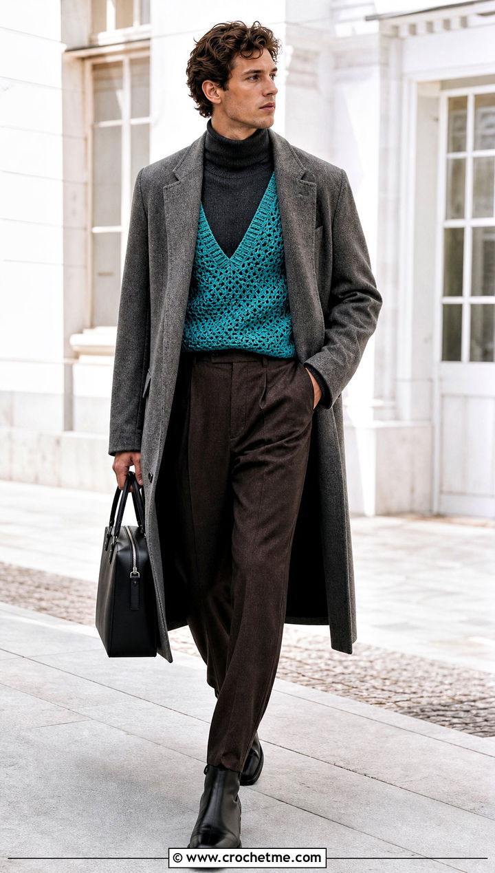 Deep V Crochet Mens Sweater Vest With Turtleneck - 25 crochet mens sweater vest outfit ideas