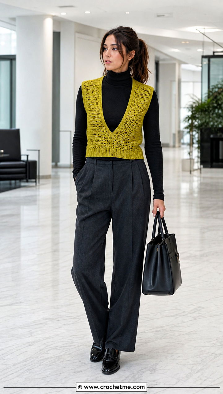 Deep V Crochet V Neck Vest With Turtleneck And Trousers - 30 crochet v neck vest outfit ideas