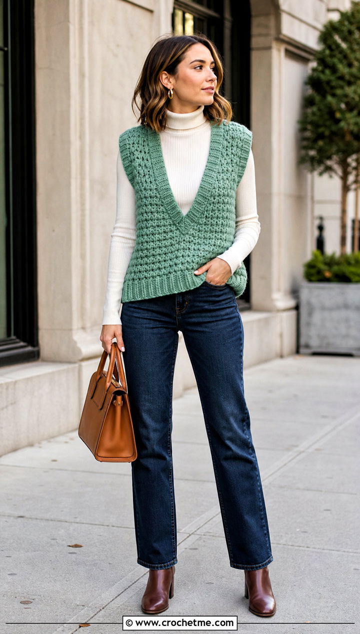 Deep V Neck Chunky Crochet Vest With Turtleneck And Jeans - 25 Chunky Crochet Vest outfit ideas