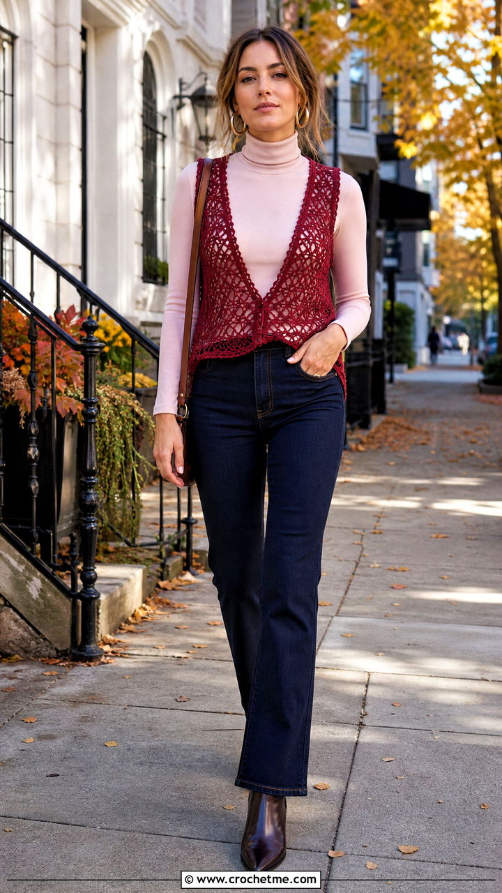 Deep V Neck Crochet Mesh Vest With Turtleneck And Jeans - 35 crochet mesh vest outfit ideas