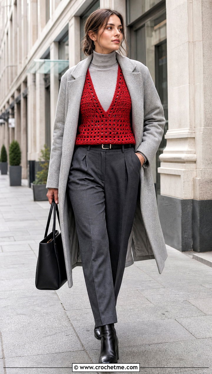 Deep V Neck Crochet Sleeveless Vest With Turtleneck And Trousers - 35 crochet sleeveless vest outfit ideas