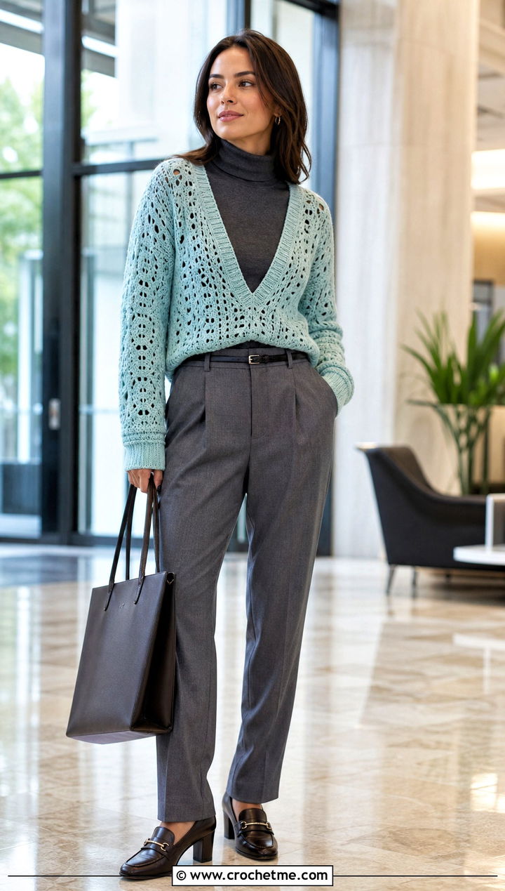 Deep V Neck Crochet Sweater With Turtleneck And Suit Trousers - 35 v neck crochet sweater outfit ideas