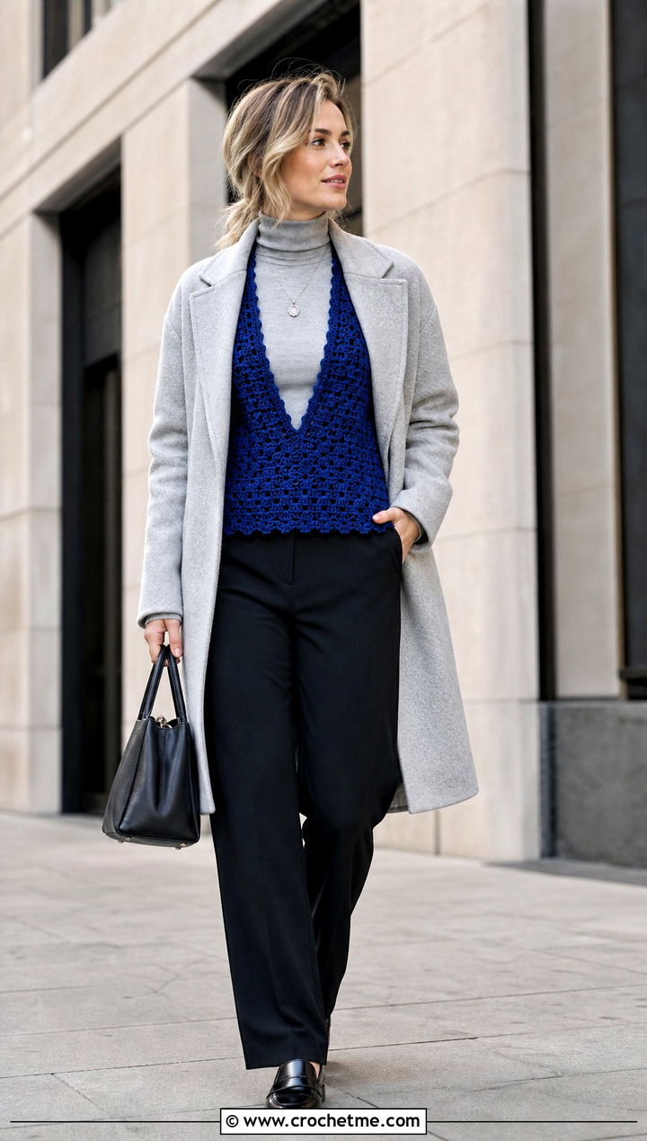 Deep V Neck Crochet Vest With a Turtleneck - 35 crochet vests outfit ideas