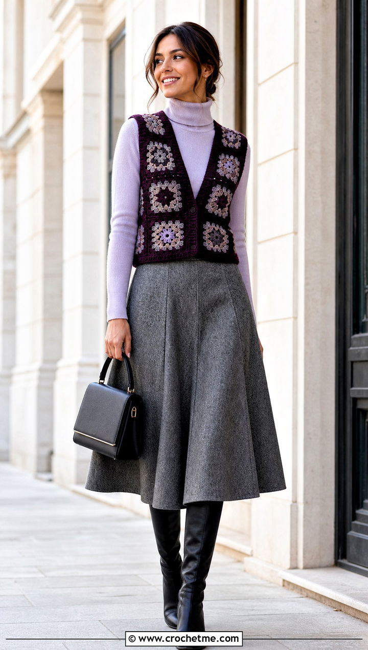 Deep V Neck Granny Square Sleeveless Vest With Turtleneck And Wool Skirt - 20 Granny Square Sleeveless Vest outfit ideas