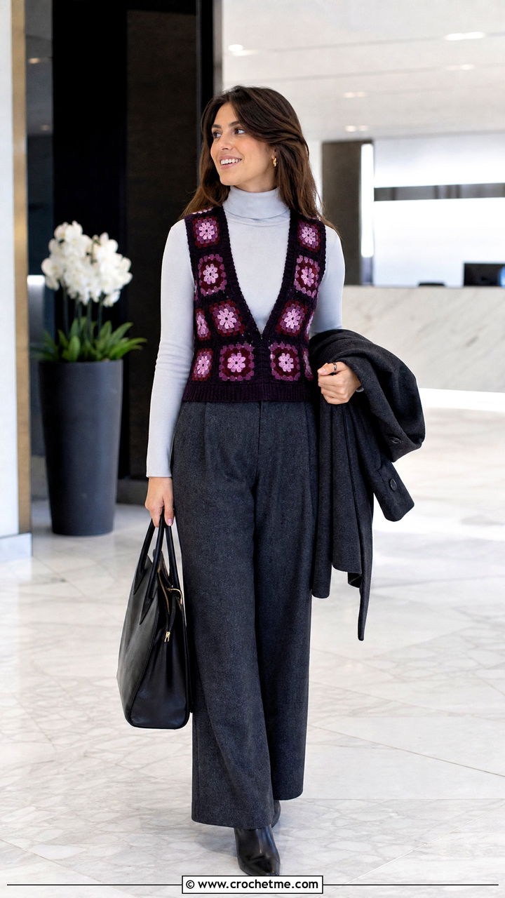 Deep V Neck Granny Square Vest With Turtleneck - 35 granny square vest outfit ideas