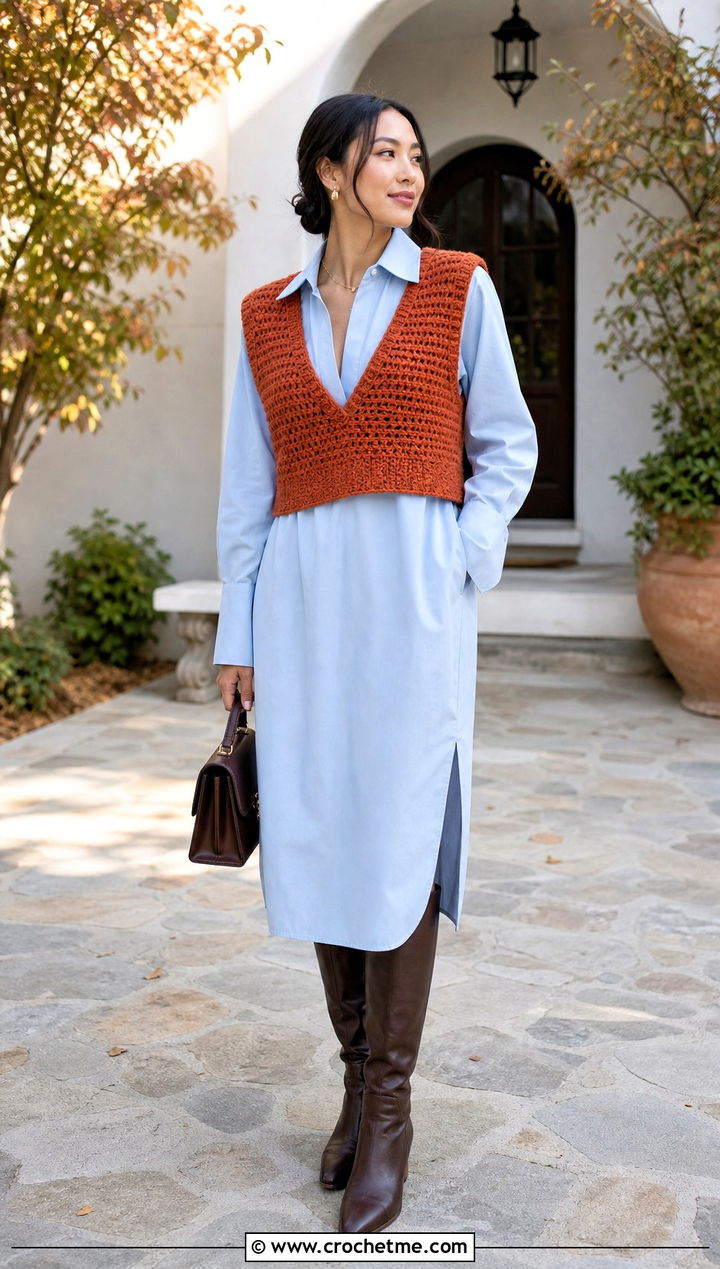 Deep V Neck Tunisian Crochet Sweater Vest With Shirt Dress - 25 tunisian crochet sweater vest outfit ideas