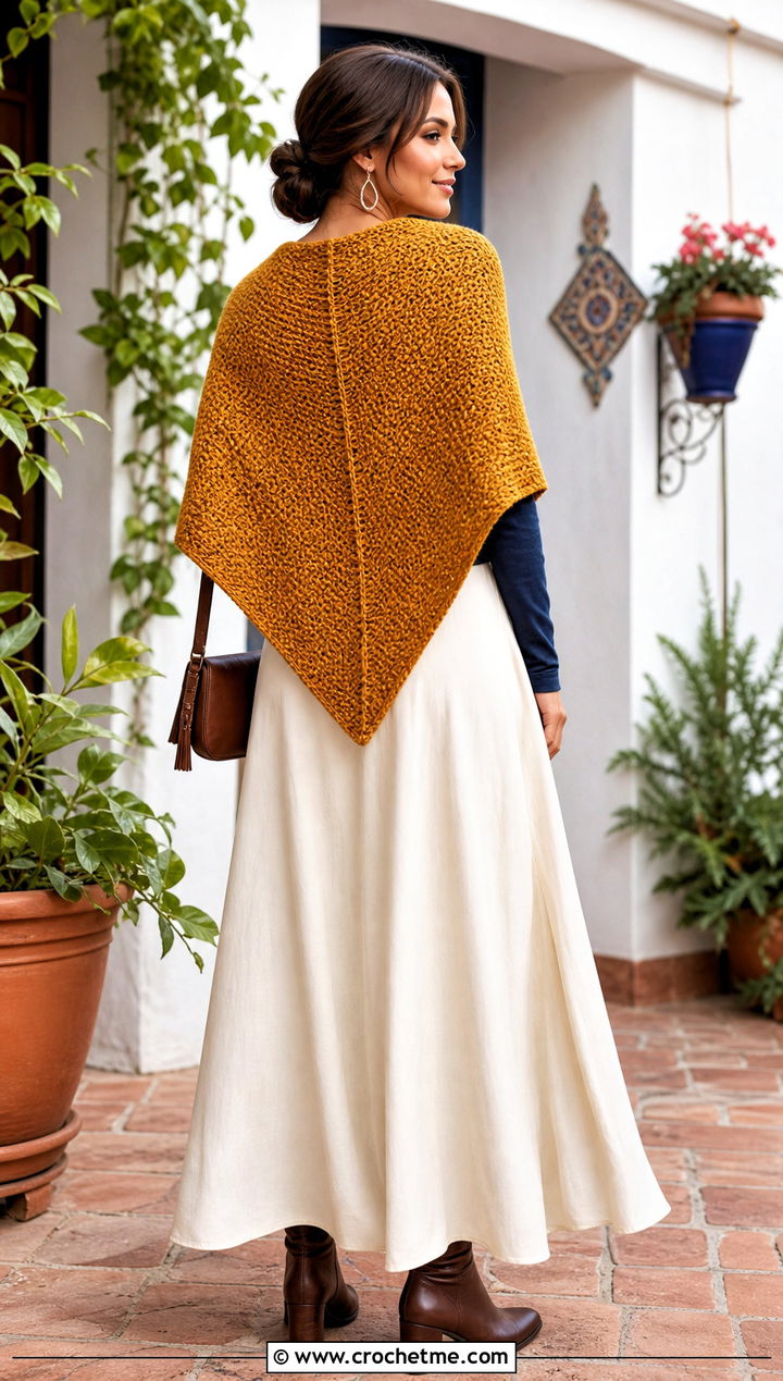 Deep V Triangle Moss Stitch Shawl With A Maxi Skirt - 25 Crochet Moss Stitch Shawl outfit ideas