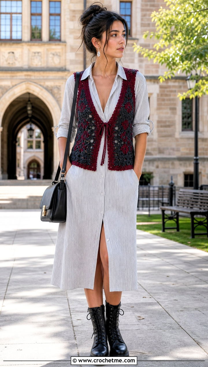 Deep V Wednesday Crochet Vest With Shirt Dress - 30 wednesday crochet vest outfit ideas