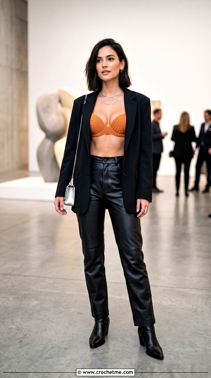 Demi Cup Crochet Push Up Bra With Leather Pants - 30 crochet push up bra outfit ideas