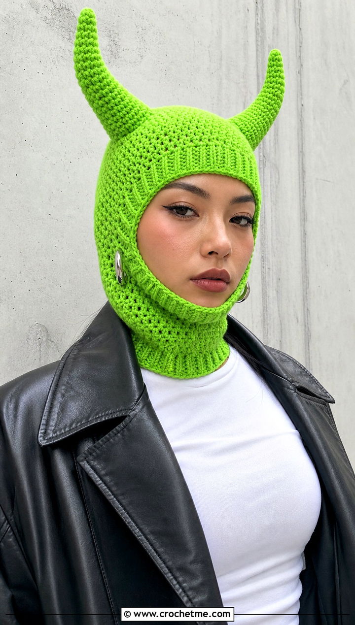 Demon Horn Balaclava With Leather Jacket - 30 crochet hat with horns outfit ideas
