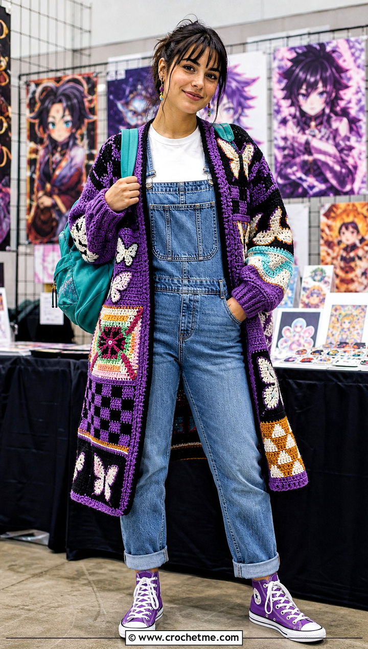 Demon Slayer Character Patch Cardigan With Denim Overalls - 35 Demon Slayer Crochet Cardigan outfit ideas