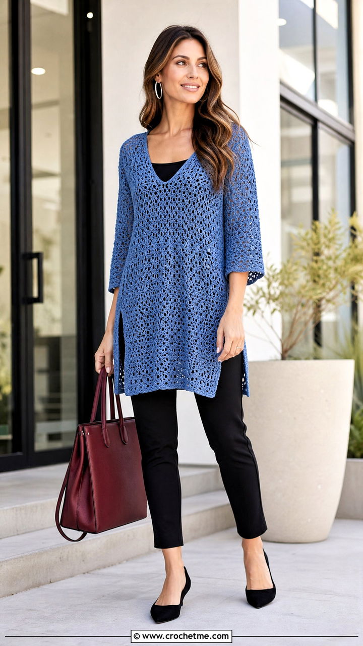 Denim Blue Crochet Tunic Sweater With Slim Pants - 35 blue crochet sweater outfit ideas