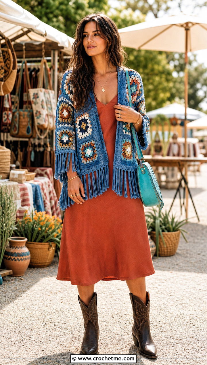 Denim Blue Fringed Granny Square Cardigan With Slip Dress - 30 blue granny square cardigan outfit ideas