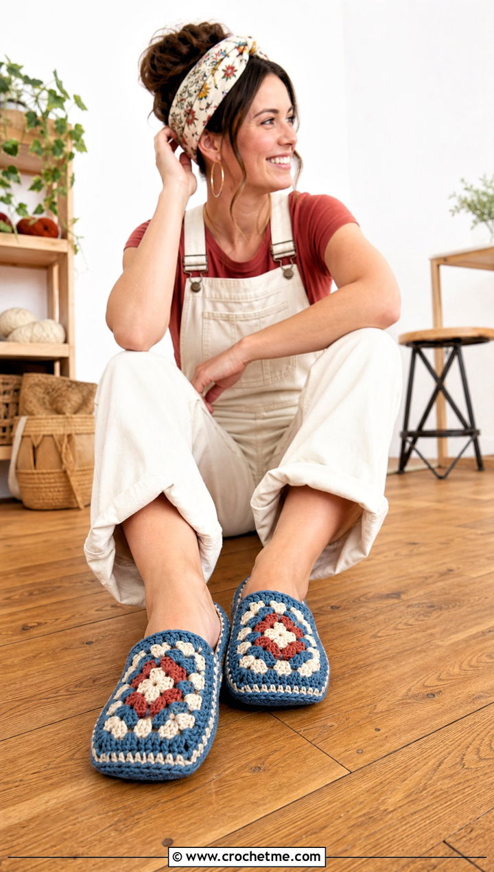 Denim Blue Granny Square Slippers With Overalls And T Shirt - 15 blue crocheted slippers on wooden floor outfit ideas