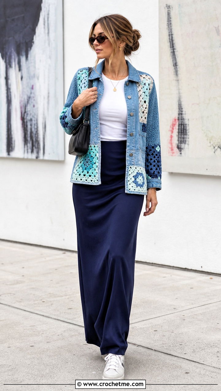 Denim Panel Crochet Blanket Jacket With Maxi Skirt - 25 crochet blanket jacket outfit ideas