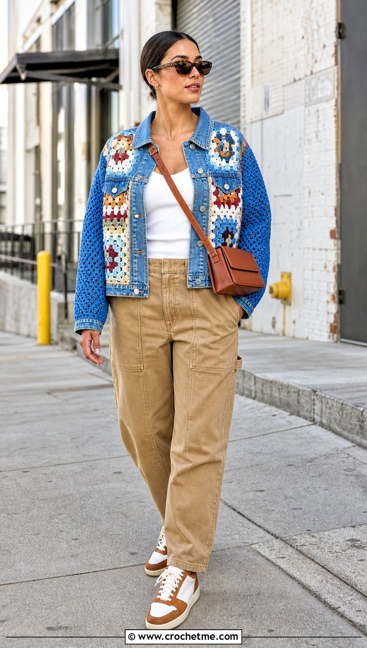Denim Panel Granny Square Jacket With Carpenter Pants - 30 crochet granny square jacket outfit ideas