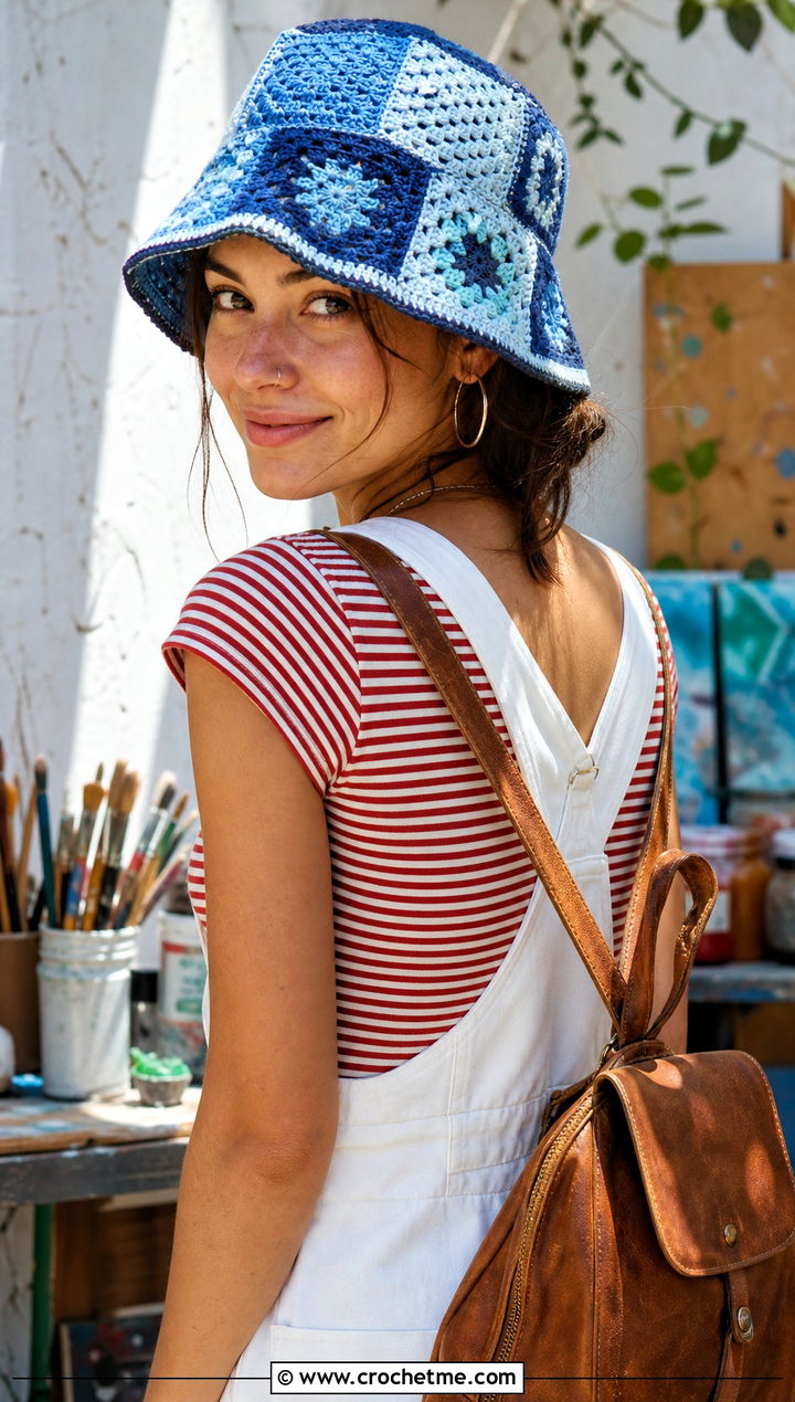 Denim Tone Patchwork Square Hat With White Overalls - 30 crochet square hat outfit ideas