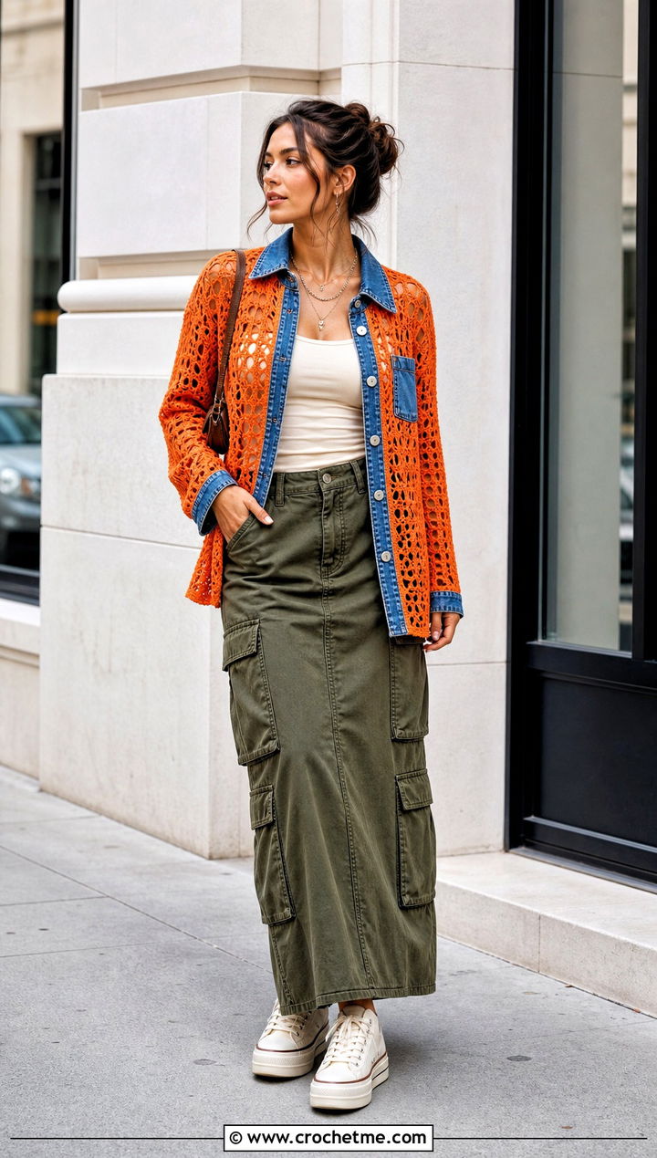 Denim Trim Crochet Shirt With A Cargo Maxi Skirt - 35 crochet shirt for women outfit ideas