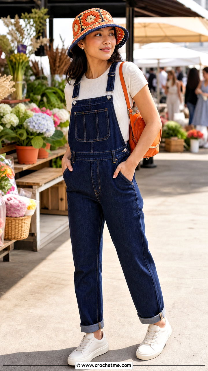Denim Trim Granny Square Bucket Hat With Indigo Overalls - 35 Granny Square Bucket Hat outfit ideas