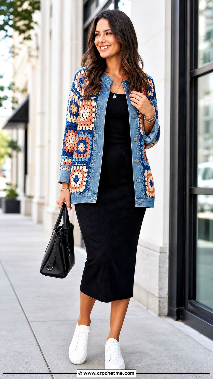 Denim Trim Granny Square Crochet Cardigan With Black Midi Dress - 35 granny square crochet cardigan outfit ideas