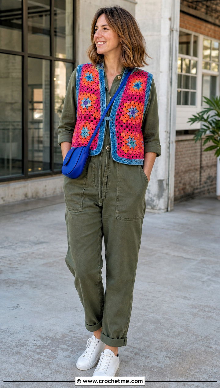Denim Trimmed Granny Square Waistcoat With Utility Jumpsuit - 35 granny square waistcoat outfit ideas