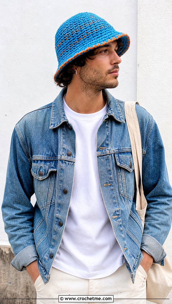 Denim Yarn Crochet Bucket Hat With Denim Jacket And Cream Pants - 30 crochet bucket hat men outfit ideas