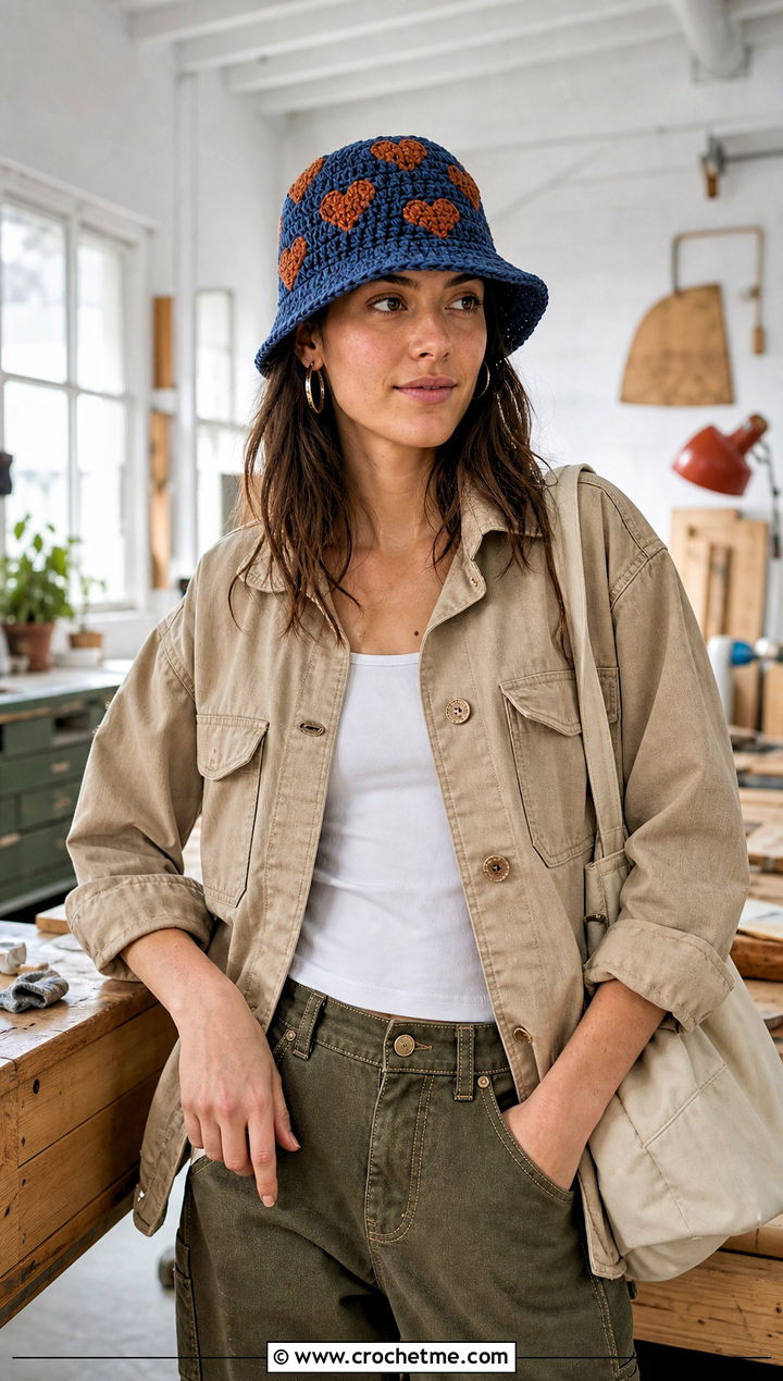 Denim Yarn Heart Bucket Hat With Chore Jacket And Carpenter Pants - 25 crochet heart bucket hat outfit ideas