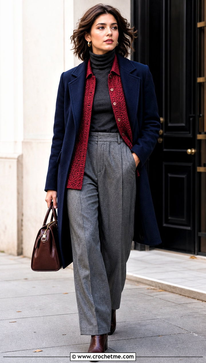 Dense Stitch Crochet Button Down Shirt With Wool Trousers - 30 crochet button down shirt outfit ideas