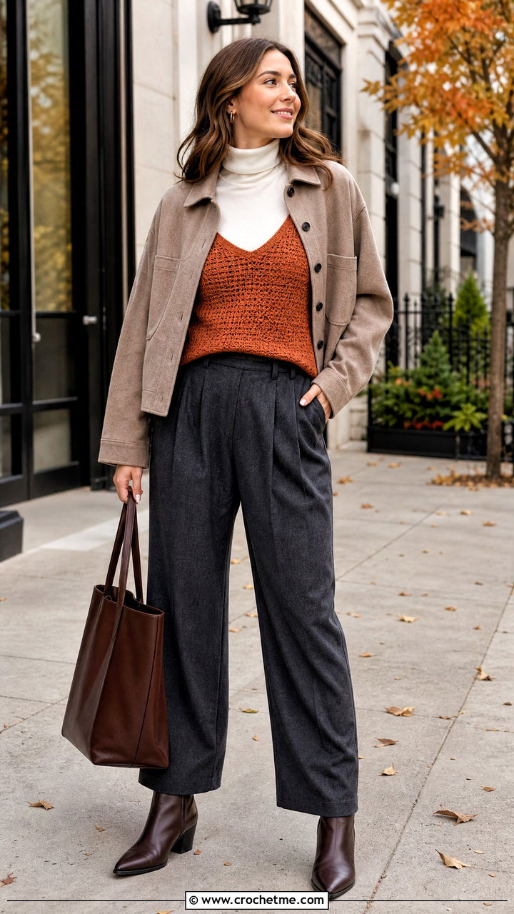 Dense Stitch Crochet Camisole With Wool Trousers - 35 crochet camisole outfit ideas