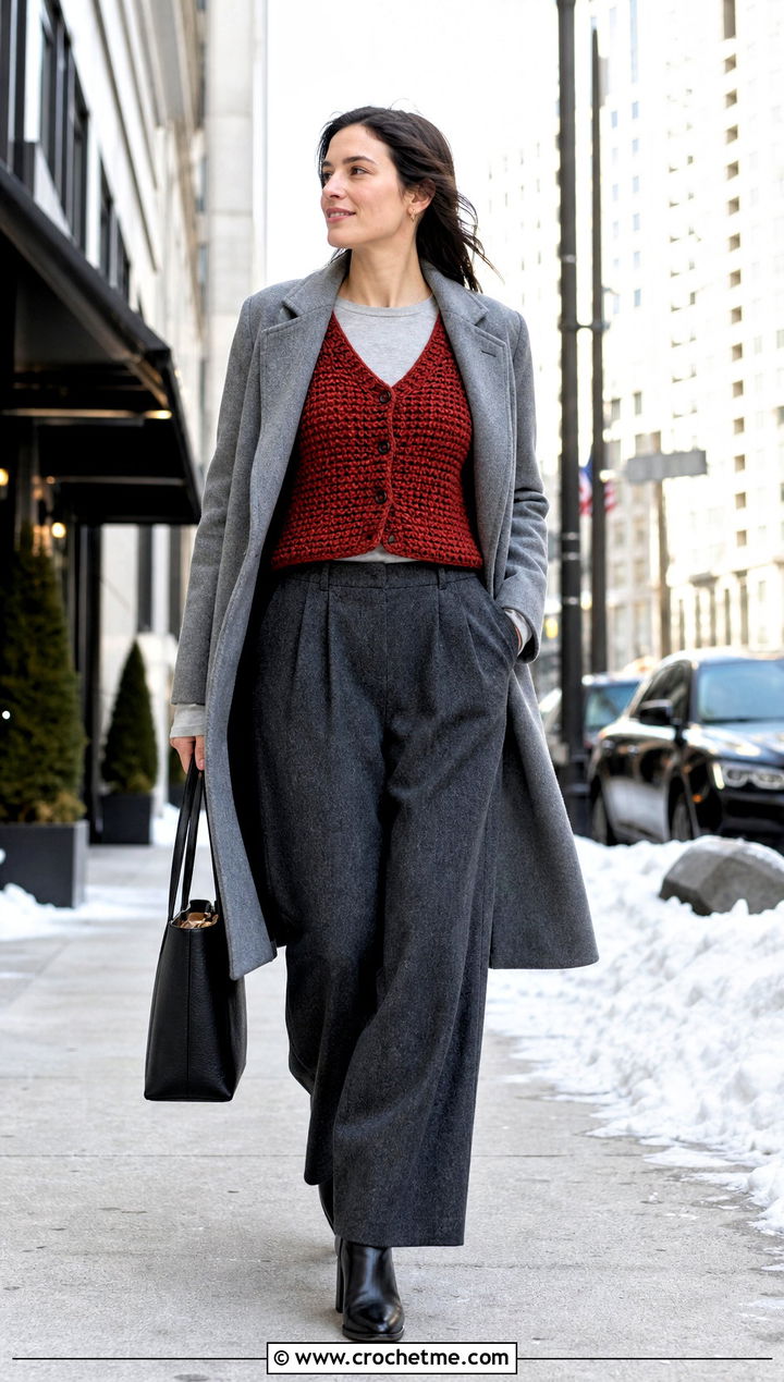 Dense Stitch Crochet Cropped Vest With Wool Trousers - 15 crochet cropped vest outfit ideas