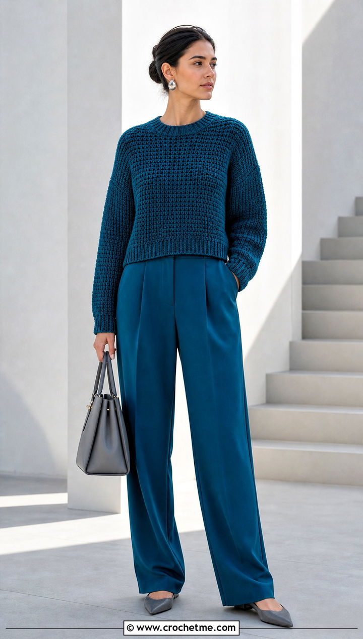 Dense Stitch Crochet Drop Shoulder Sweater With Matching Trousers - 30 crochet drop shoulder sweater outfit ideas