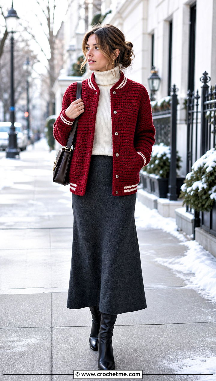 Dense Stitch Crochet Letterman Jacket With Wool Maxi Skirt - 30 crochet letterman jacket outfit ideas