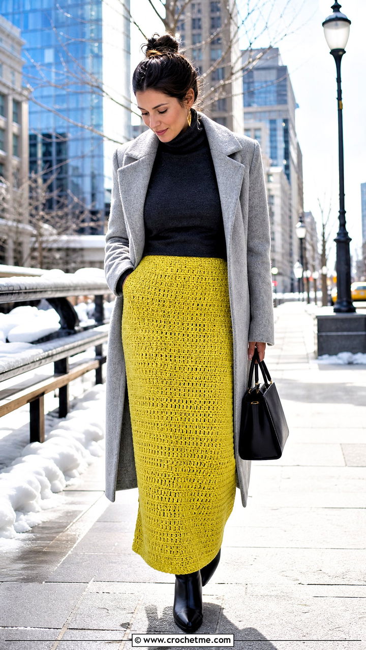 Dense Stitch Crochet Long Skirt With Turtleneck - 35 crochet long skirt outfit ideas