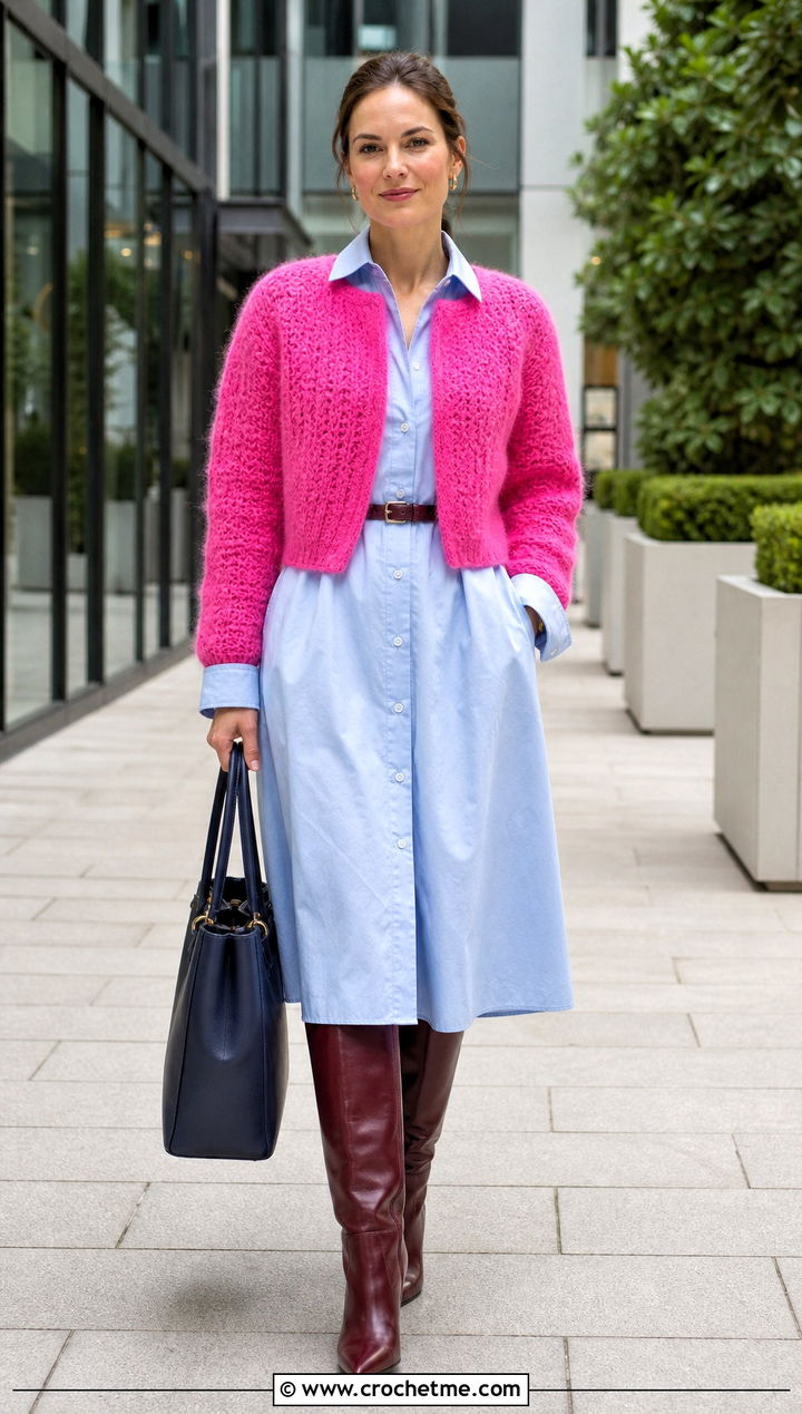 Dense Stitch Crochet Mohair Bolero With Shirt Dress - 30 crochet mohair bolero outfit ideas