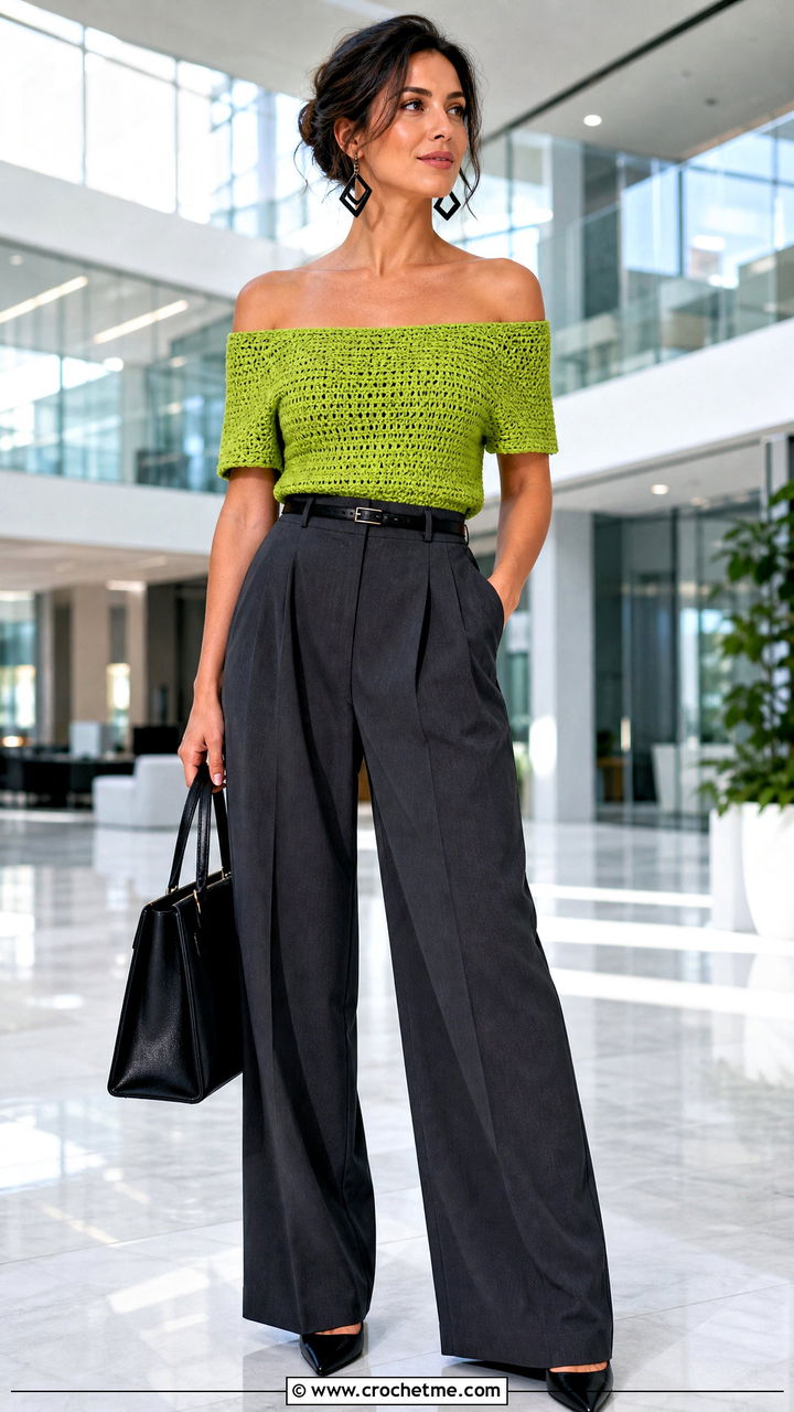 Dense Stitch Crochet Off Shoulder Top With Pleated Trousers - 35 Crochet Off Shoulder Top outfit ideas