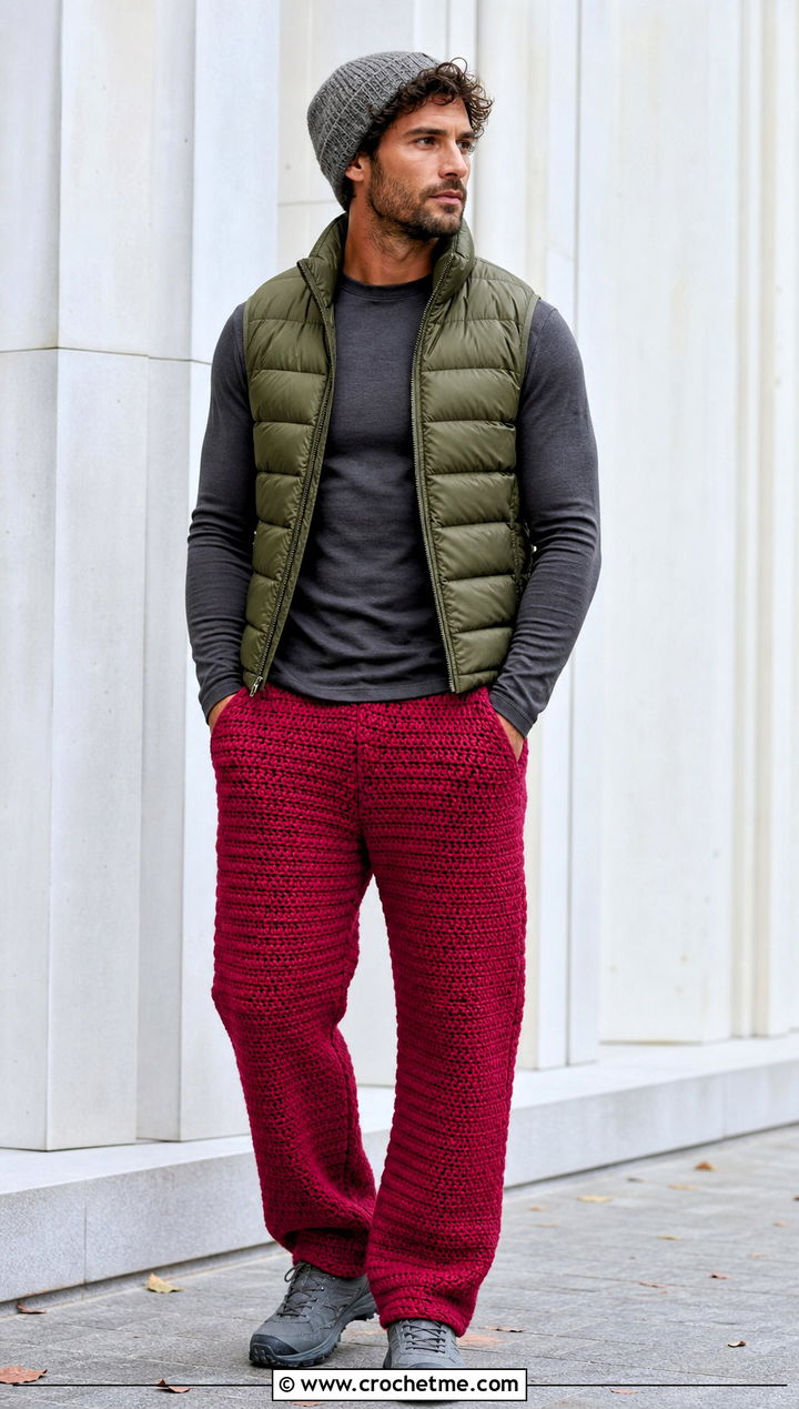 Dense Stitch Crochet Pants With Puffer Vest - 35 crochet pants men outfit ideas