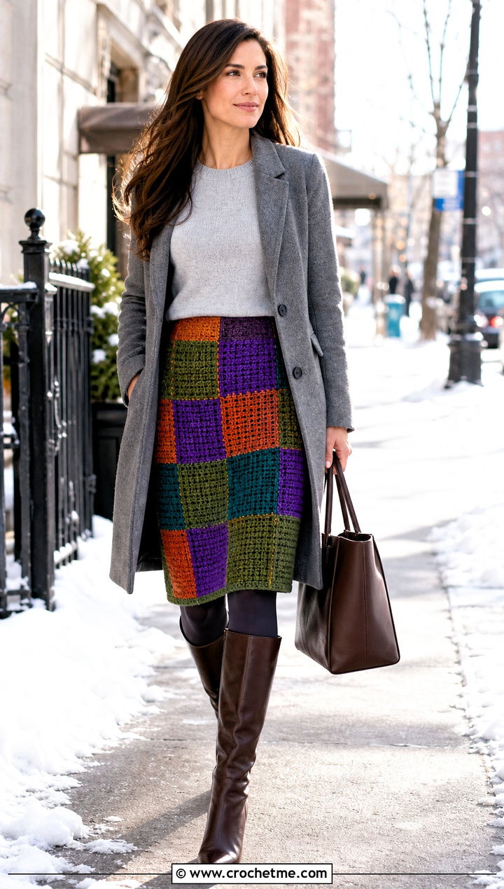Dense Stitch Crochet Patchwork Skirt With Cashmere Sweater - 30 crochet patchwork skirt outfit ideas