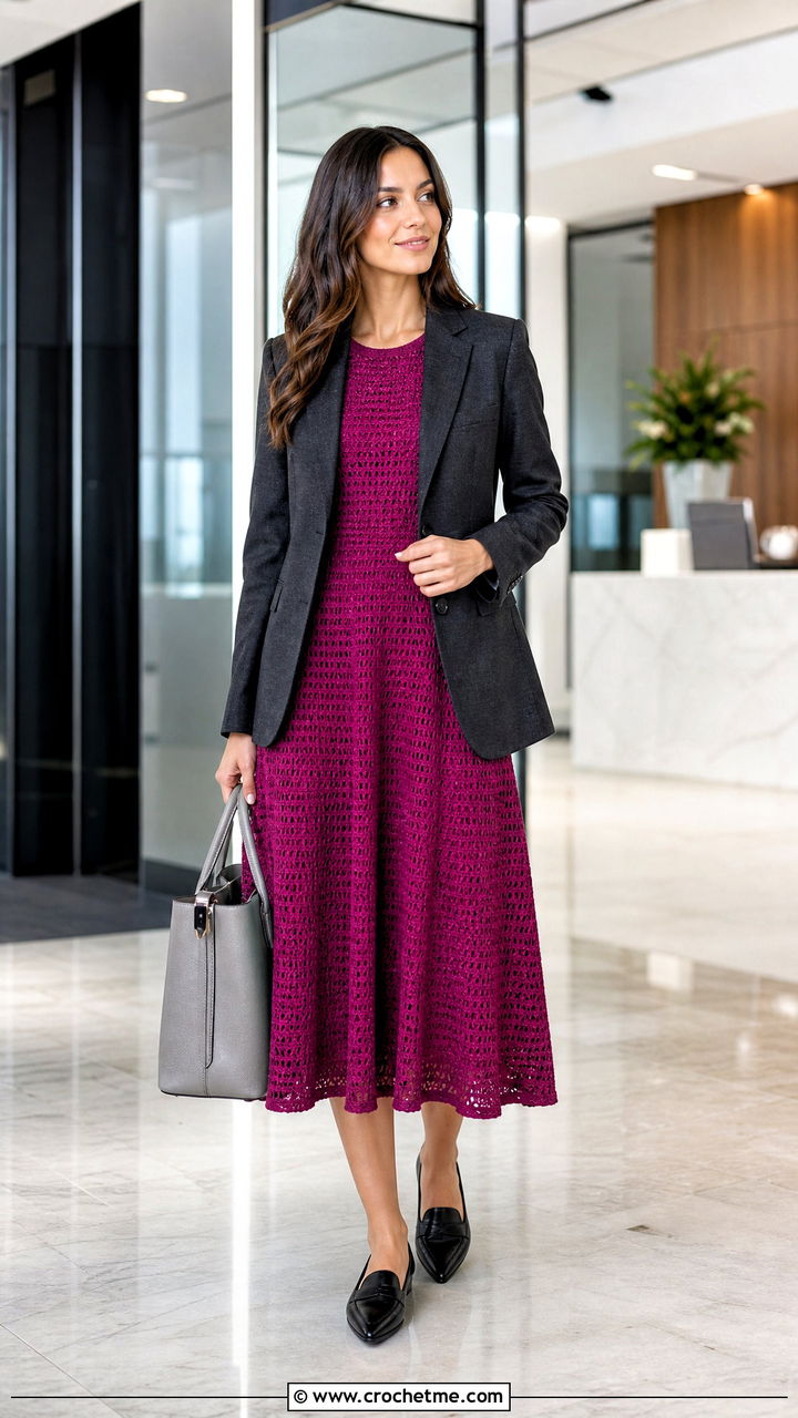 Dense Stitch Crochet Princess Dress With Office Blazer - 35 crochet princess dress outfit ideas