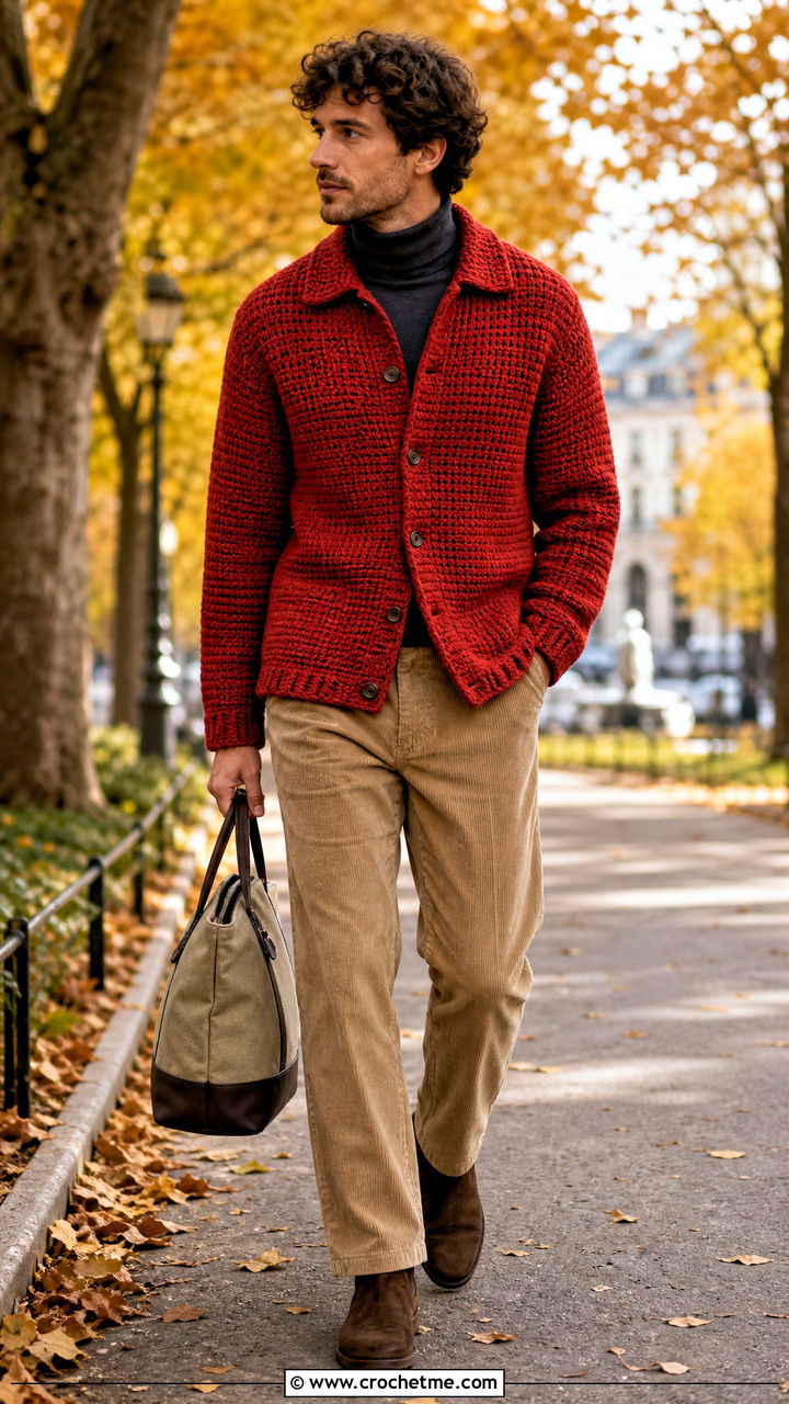 Dense Stitch Crochet Shirt With Corduroy Pants - 35 crochet shirt men outfit ideas