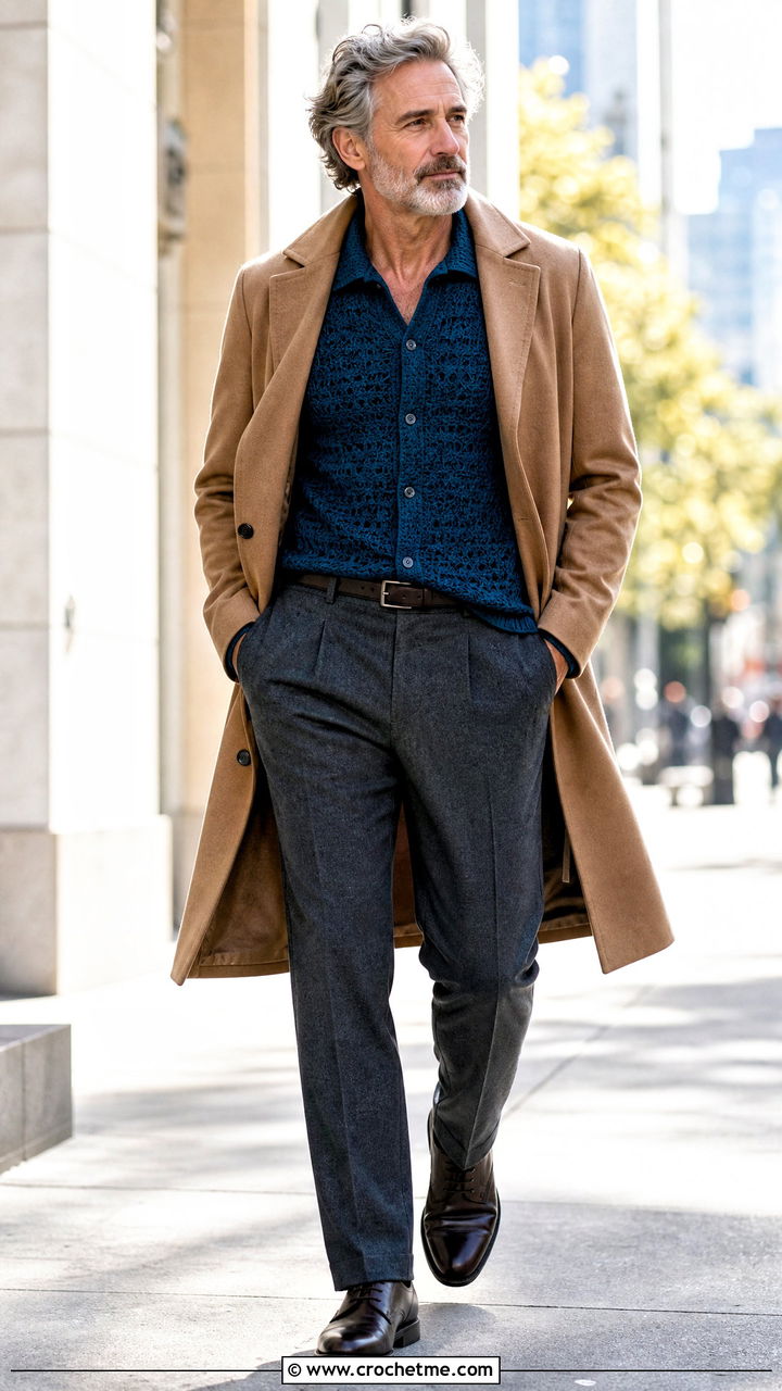 Dense Stitch Crochet Shirt With Wool Trousers - 35 crochet shirts for men outfit ideas