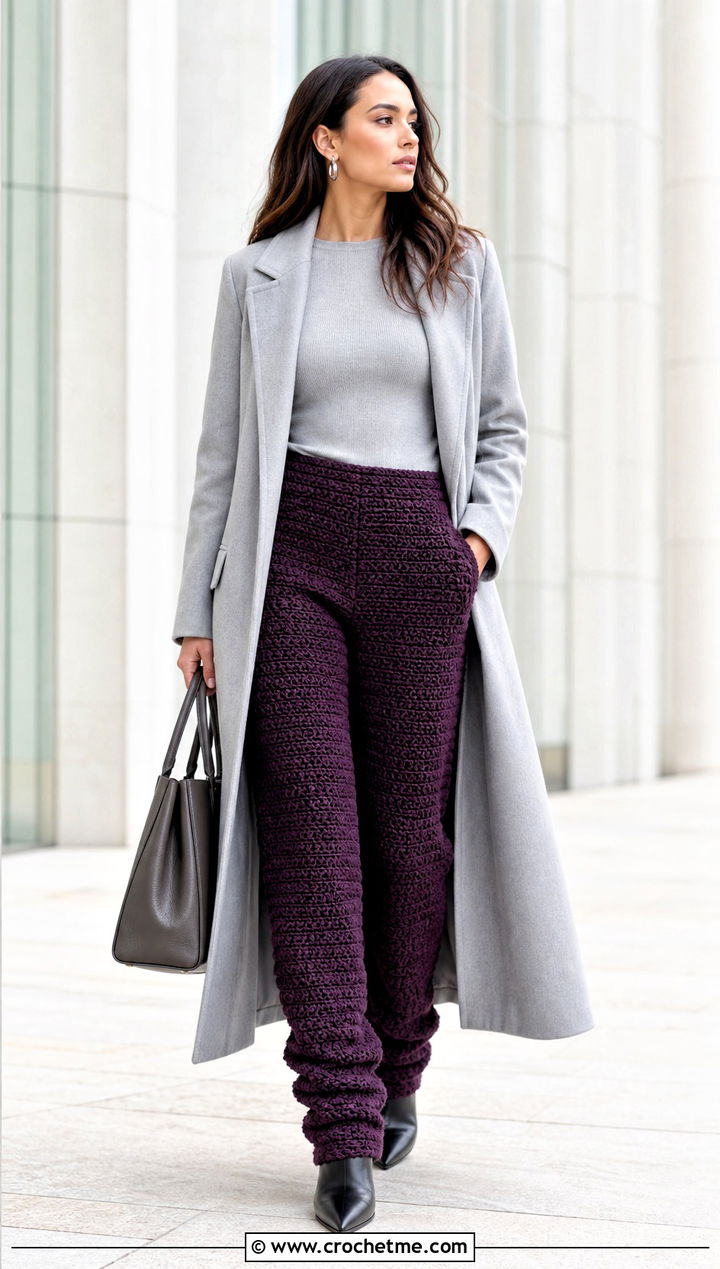 Dense Stitch Crochet Stacked Pants With Long Coat - 25 Crochet Stacked Pants outfit ideas