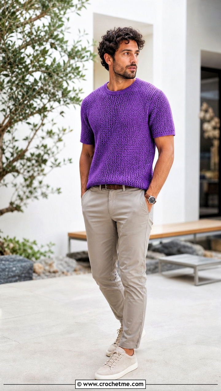 Dense Stitch Crochet T Shirt With Chinos - 25 Crochet Men Clothing and outfit ideas