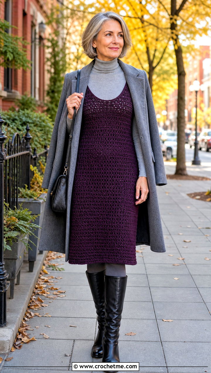 Dense Stitch Crochet Tank Midi Dress With Turtleneck - 25 Crochet Tank Dress outfit ideas